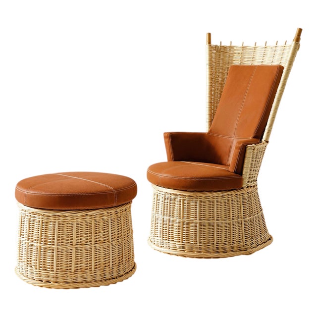 Set of Hotte Rattan and Leather Armchair and Pouf by Philippe Starck for Cassina For Sale