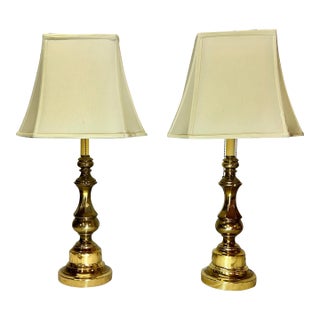 Double Bulb Twist Column Brass Lamps With Shades - a Pair For Sale