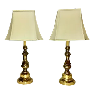 Double Bulb Twist Column Brass Lamps With Shades - a Pair