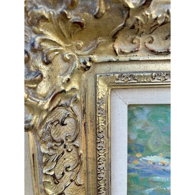 1980s Signed Oil Painting, Style of Monet's Water Lilies With Gold Ornate Frame For Sale - Image 11 of 18