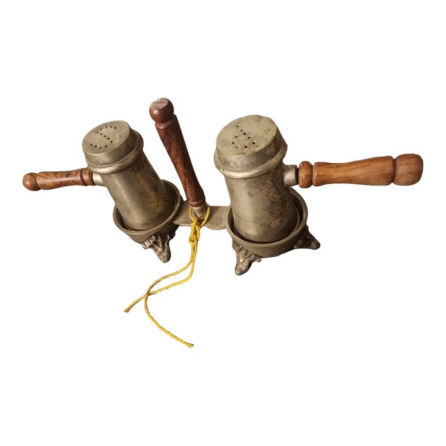 Mid 20th Century Metal and Wood Salt and Pepper Shakers - Set of 3 For Sale