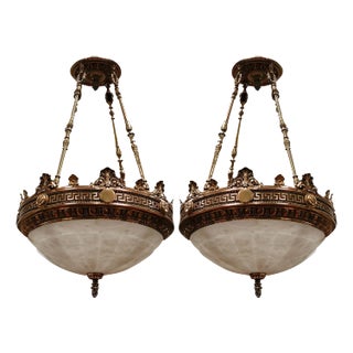 Pair of Justice Chandelier – Early 20th C. Beaux-Arts Bronze & Alabaster Fixture For Sale