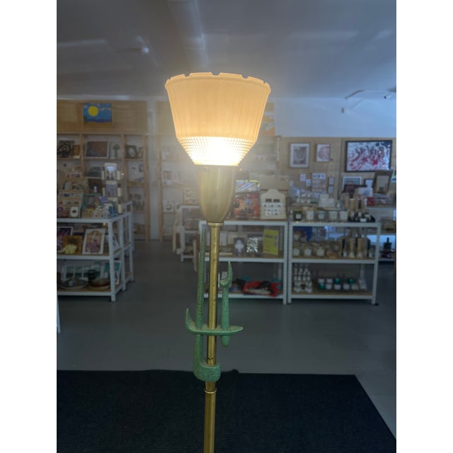 Mid-Century Modern Mid-Century Modern Brass Toned Torchiere Floor Lamp With Sculptural Patinated Metal Accent and Ribbed Glass Diffuser For Sale - Image 3 of 11