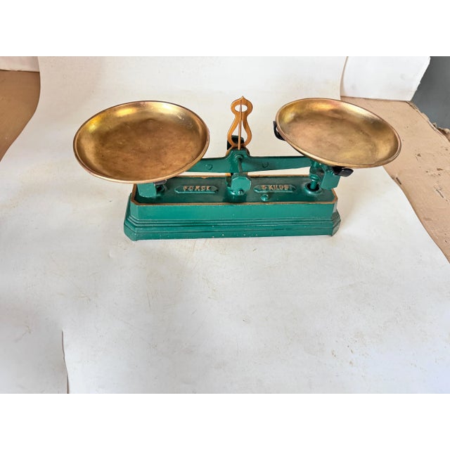Antique French Green and Gold Wrought Iron and Brass Scale, 19th Century For Sale - Image 10 of 13