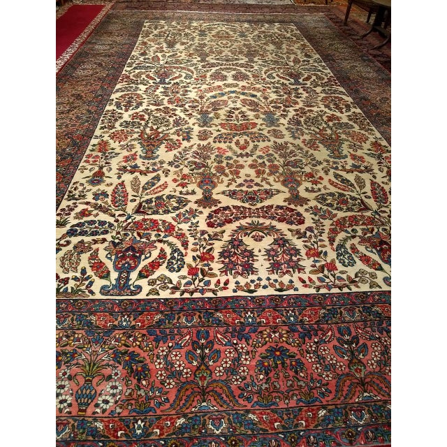 Antique Oversized Persian Kerman Lavar Rug, Hand-Knotted Wool, Allover Floral Vase Pattern, Ivory & Pink, 11’ X 20’ For Sale In Chicago - Image 6 of 18