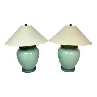1980s Paul Hanson Ceramic Celadon Crackle Lamp Pair For Sale