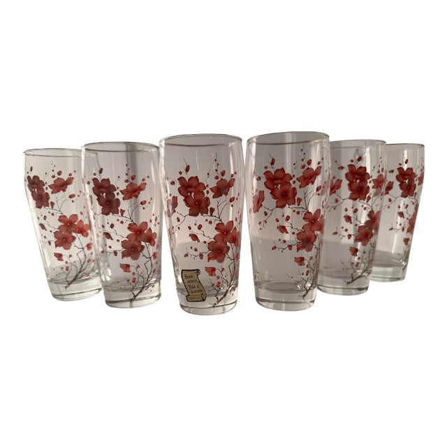 Mid 20th Century Italian Hand Painted Glasses With Pink Flowers- Set of 6 For Sale