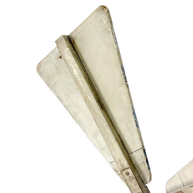 Vintage 1950s Primitive Wooden Windmill Fan Blade Distressed Painted White & Blue Striped Wood For Sale - Image 10 of 10