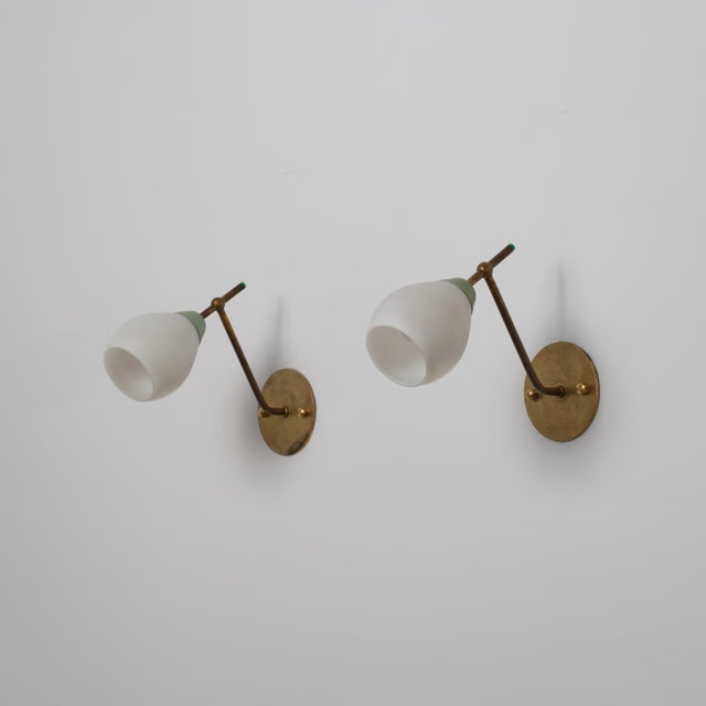 Vintage Italian Green Lacquered Metal and Opaline Glass Sconces, 1950s, Set of 2 For Sale - Image 9 of 9