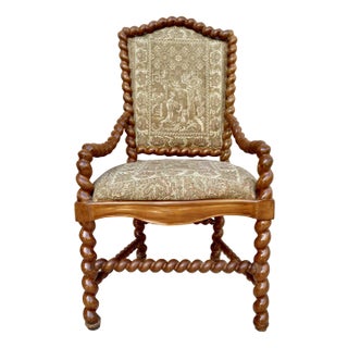 Antique Louis XIV Style Hand-Carved Armchair in Walnut and Cherry, 1890s For Sale