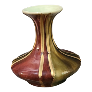 Vintage Mid-Century Modern Glazed Burgundy Olive Green Gold Ceramic Pottery Vase