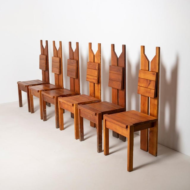 Unique brutalist set of 6 dining chairs made of solid pine wood, Czechoslovakia, 1970s Architect designed furniture. Part...