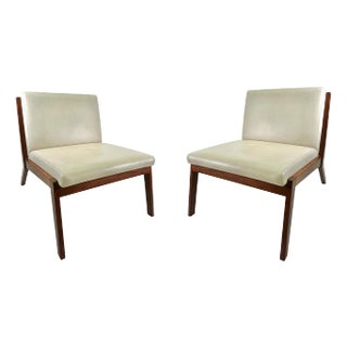 Pair of Bernhardt Solid Walnut Lounge Chairs in Original Creme Fine Leather For Sale