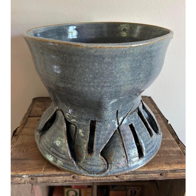 Vintage 1970’s artisan made, modernist style glazed pottery planter. Features built in drainage holes at bottom. Bottom...