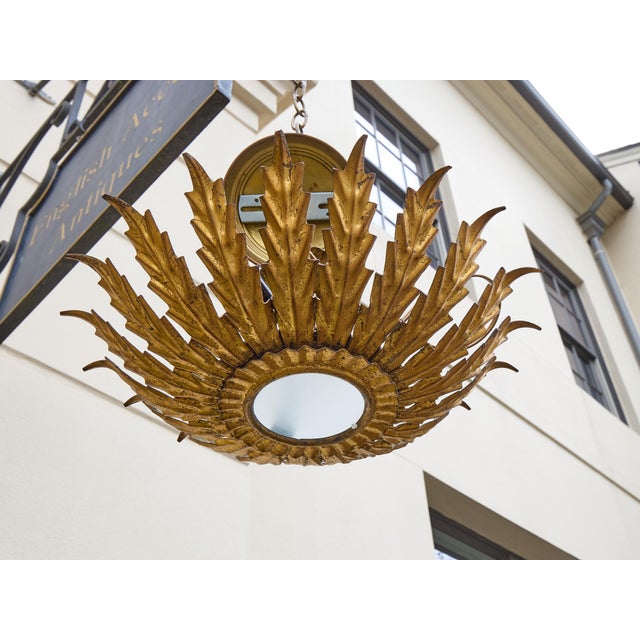 Gold 1950s Spanish Gilt Metal Leaf Light Fixture with Frosted Glass For Sale - Image 8 of 11