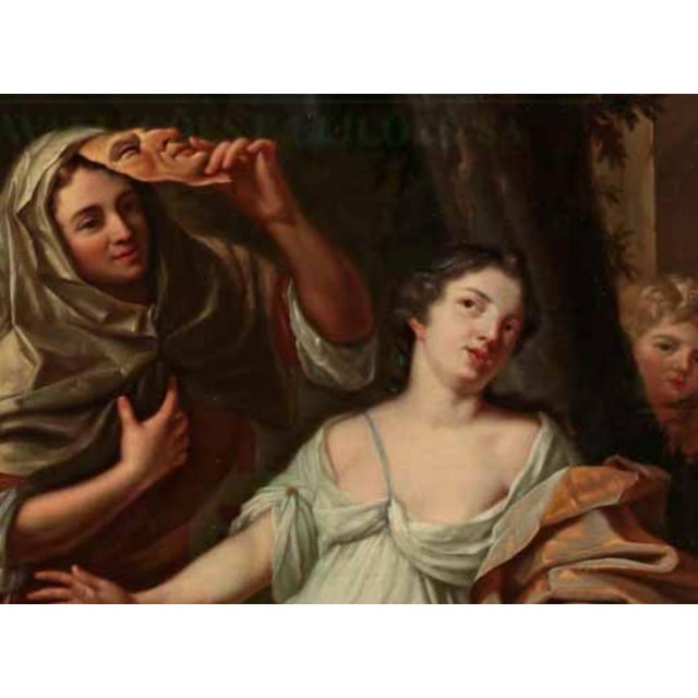 Circle of caspar netscher (1635/39-1684), allegory oil on canvas. Small antique restoration. Dimensions: 94.5x77.5 cm....