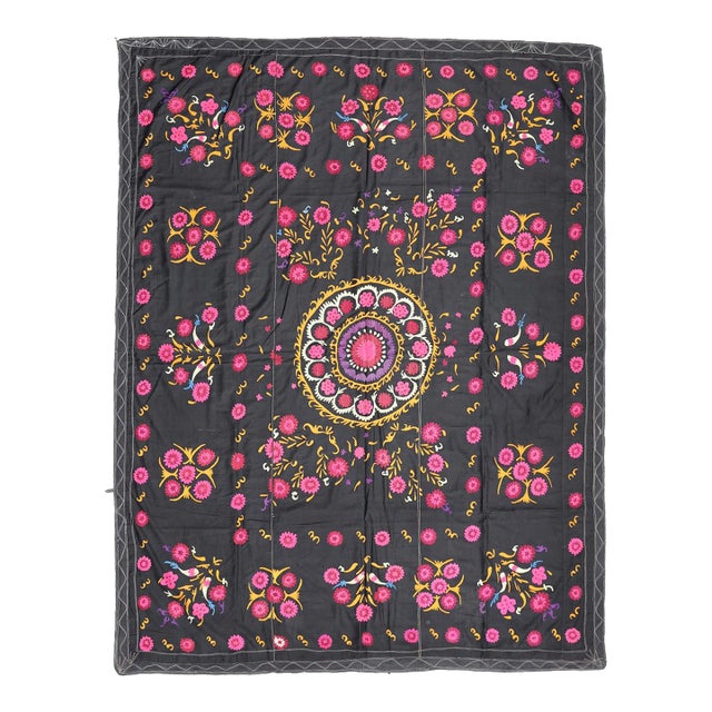 1950s Vintage Black Suzani | Vintage Silk Hand-Embroidered Uzbek Suzani Wall Hanging. For Sale