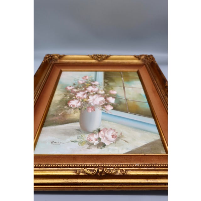 Italian Vintage Original Oil on Canvas, Pink Roses Still Life — Signed Emily, 1983, Ornate Gilt Frame For Sale - Image 3 of 7