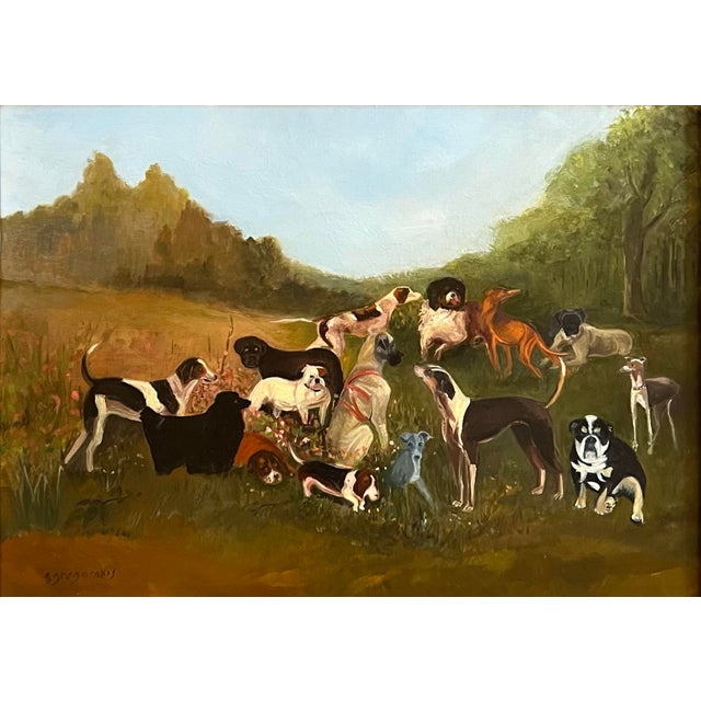 Oil painting on okoume board (similar to mahogany) portraying a pack of regal purebreds in a field among wildflowers by...