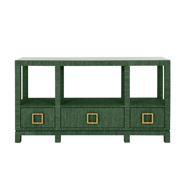 Matthew Izzo Home Campbell Green Grasscloth Two Tiered, Three Drawer Console Table With Satin Brass Hardword and Glass Top For Sale - Image 10 of 10