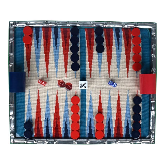 Hand-Needlepoint Backgammon Board W/ Red & Blue Checkers For Sale