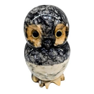 Mid-Century Volterra Alabaster Owl Figurine With Glass Eyes, Italian Hand-Carved Sculpture For Sale