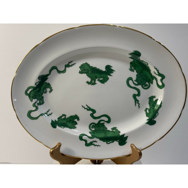 English Vintage Wedgwood Green Chinese Tigers Williamsburg Bone China Serving Platter Retired Rare Find For Sale - Image 3 of 8