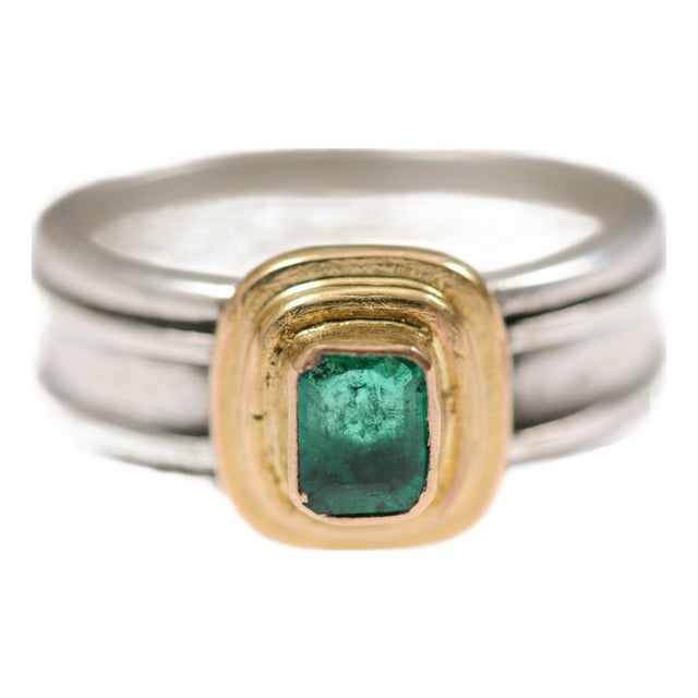 Silver Ring w/Emerald in 22k Gold Bezel Set, Size 7.5 For Sale