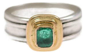Silver Ring w/Emerald in 22k Gold Bezel Set, Size 7.5