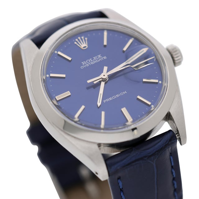 Rolex 1960s Rolex 6694 Oysterdate Precision Blue Sunburst Dial 34mm Watch For Sale - Image 4 of 8