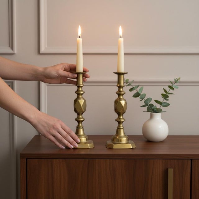Late 19th Century Brass Candlestick Holders Antique Victorian Brass King of Diamonds Candlestick Holder Pair, C. 1897 Diamond Jubilee Push-Up Holders For Sale - Image 5 of 9