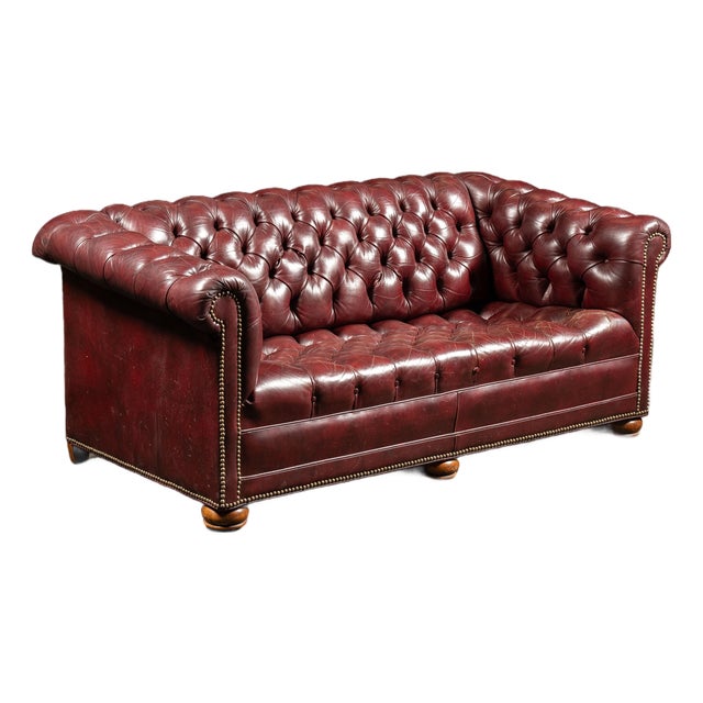 Vintage Tufted Leather Chesterfield Sofa in Burgundy For Sale