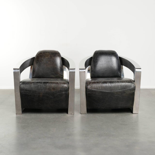 Industrial Black Cowhide Aviator Design Armchairs with Aluminium and Rivets, Set of 2 For Sale - Image 15 of 15