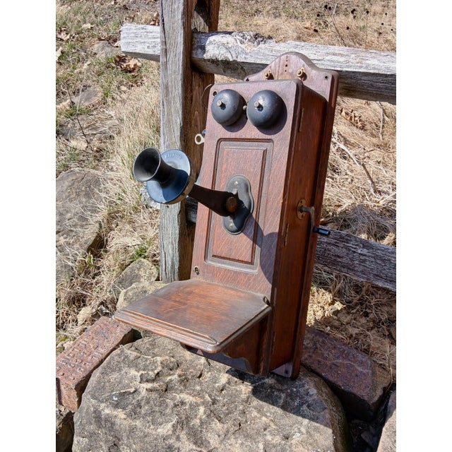 American Antique Kellogg Quarter Sawn Oak Wall Telephone Hand Crank Chicago Il 1901 For Sale - Image 3 of 12