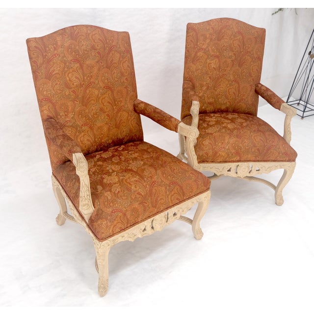Pair of Fine Carved White Lacquer Rouge Floral Upholstery Arm Club Chairs MINT For Sale - Image 11 of 13