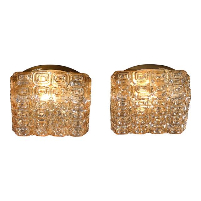 Mid-Century Modernist Pressed Amber Glass Geometric Flush Mount Chandeliers For Sale