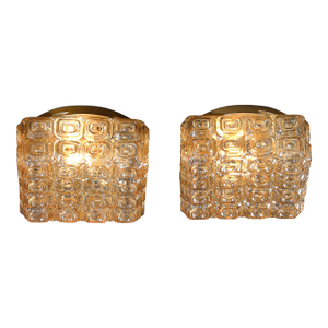 Mid-Century Modernist Pressed Amber Glass Geometric Flush Mount Chandeliers