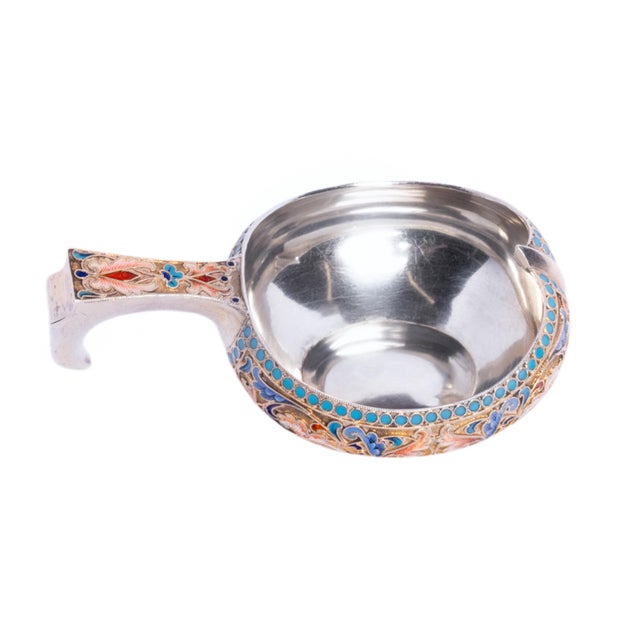 Antique Imperial Russian Silver Cloisonne Enamel Kovsh Ovchinnikov Moscow 1896 For Sale - Image 12 of 12