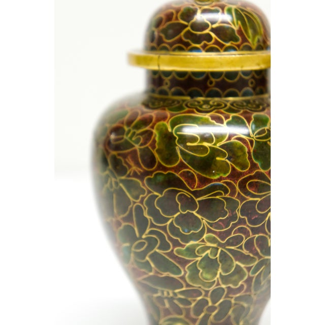 Late 20th Century Small Enameled Brass Cloisonne Ginger Jars a Pair For Sale - Image 5 of 5
