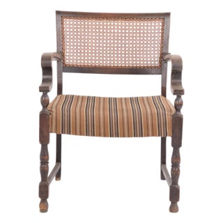 Antique Oak Armchair with Upholstery and Cane, 1920s For Sale