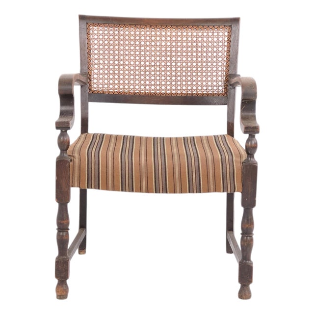 Antique Oak Armchair with Upholstery and Cane, 1920s For Sale