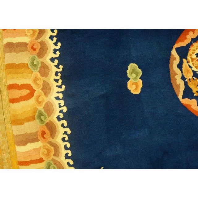 1980s Navy Blue Dragon Medallion Vintage Chinese Art Deco Carpet Oval 6'' X 9' Knotted Wool Rug For Sale In New York - Image 6 of 12