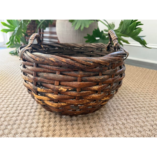 Vintage Rustic Split Bamboo Gathering Basket For Sale - Image 4 of 9