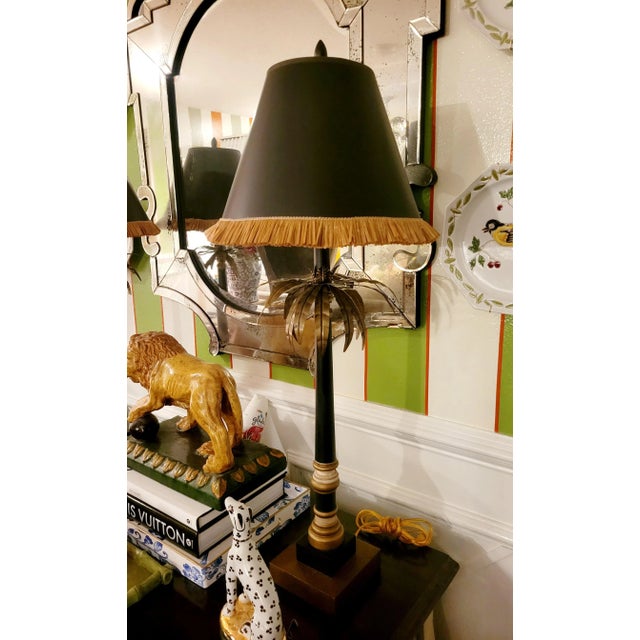 Wood Vintage Tall Black Gold Metal Palm Tree Hollywood Regency Black Shade Buffet Lamps- a Pair For Sale - Image 7 of 12