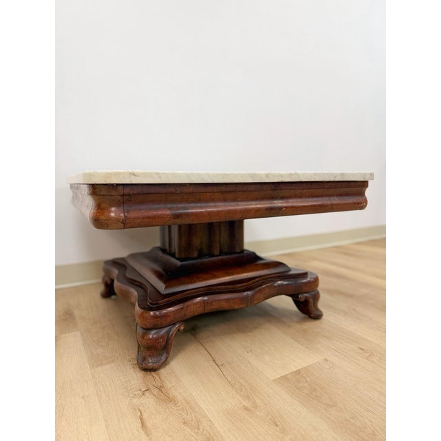 Early 20th Century Antique Mahogany Marble Top Coffee Table Traditional Square Living Room For Sale - Image 5 of 11