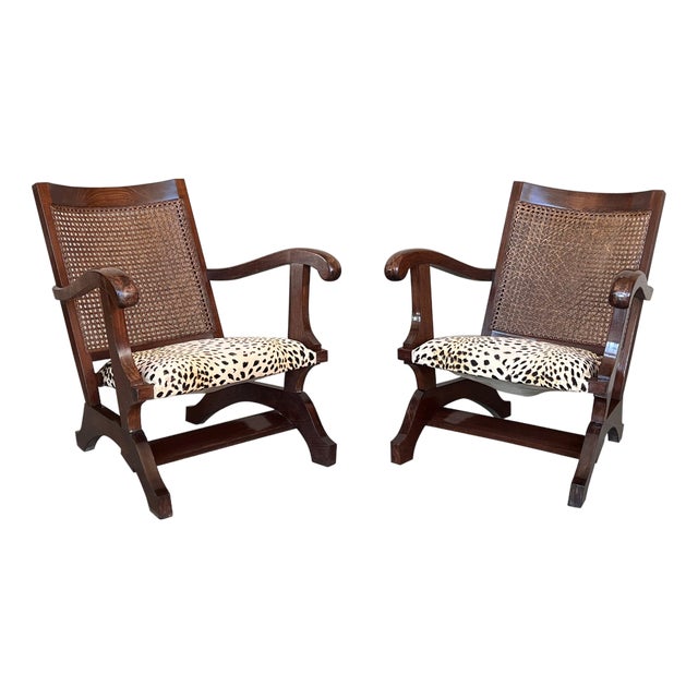 Pair of Mid 20th Century Walnut, Caned Back Fireplace Low Armchairs For Sale