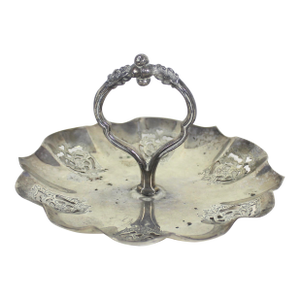 Vintage Small Silver Bonbon Dish With Handle Ruffled Edge Tray, Round Silver Plated Dish With Pierced Cutout Details