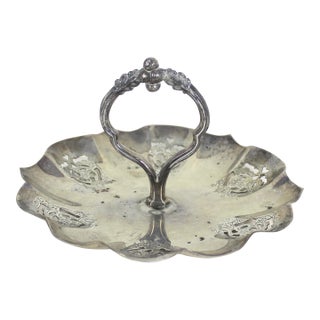 Vintage Small Silver Bonbon Dish With Handle Ruffled Edge Tray, Round Silver Plated Dish With Pierced Cutout Details Patina Trinket For Sale