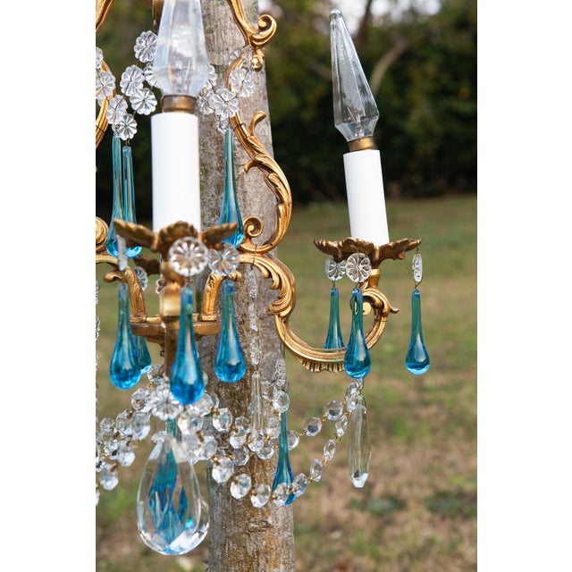 Antique French Chandelier in Bronze Drops Murano Blue, 1950 For Sale - Image 4 of 12