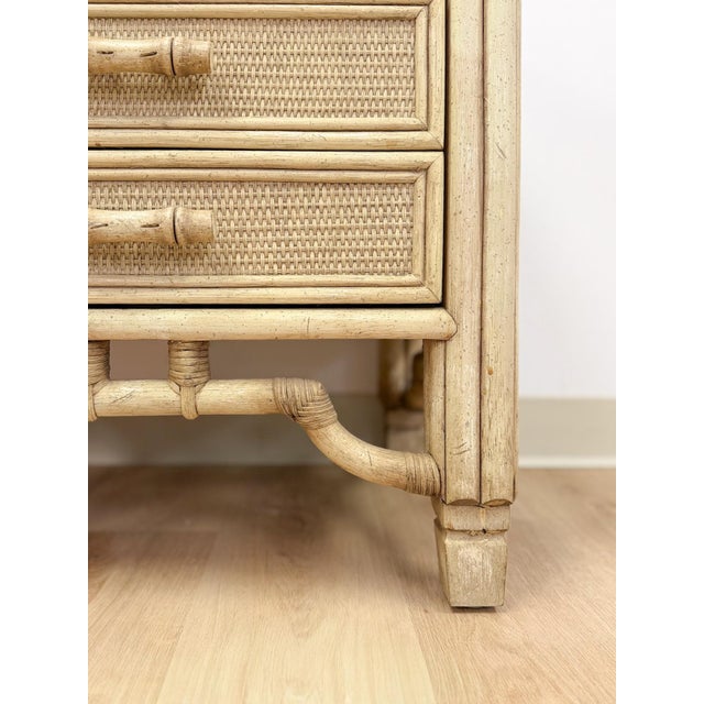 Wood Mid 20th Century Ficks Reed Style Faux Bamboo Nightstand Beige Coastal Hollywood Regency Bedside Table For Sale - Image 7 of 13